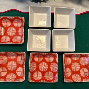 Crate & Barrel red cocktail hors d'oeuvres appetizer plate & bowls Set of 4